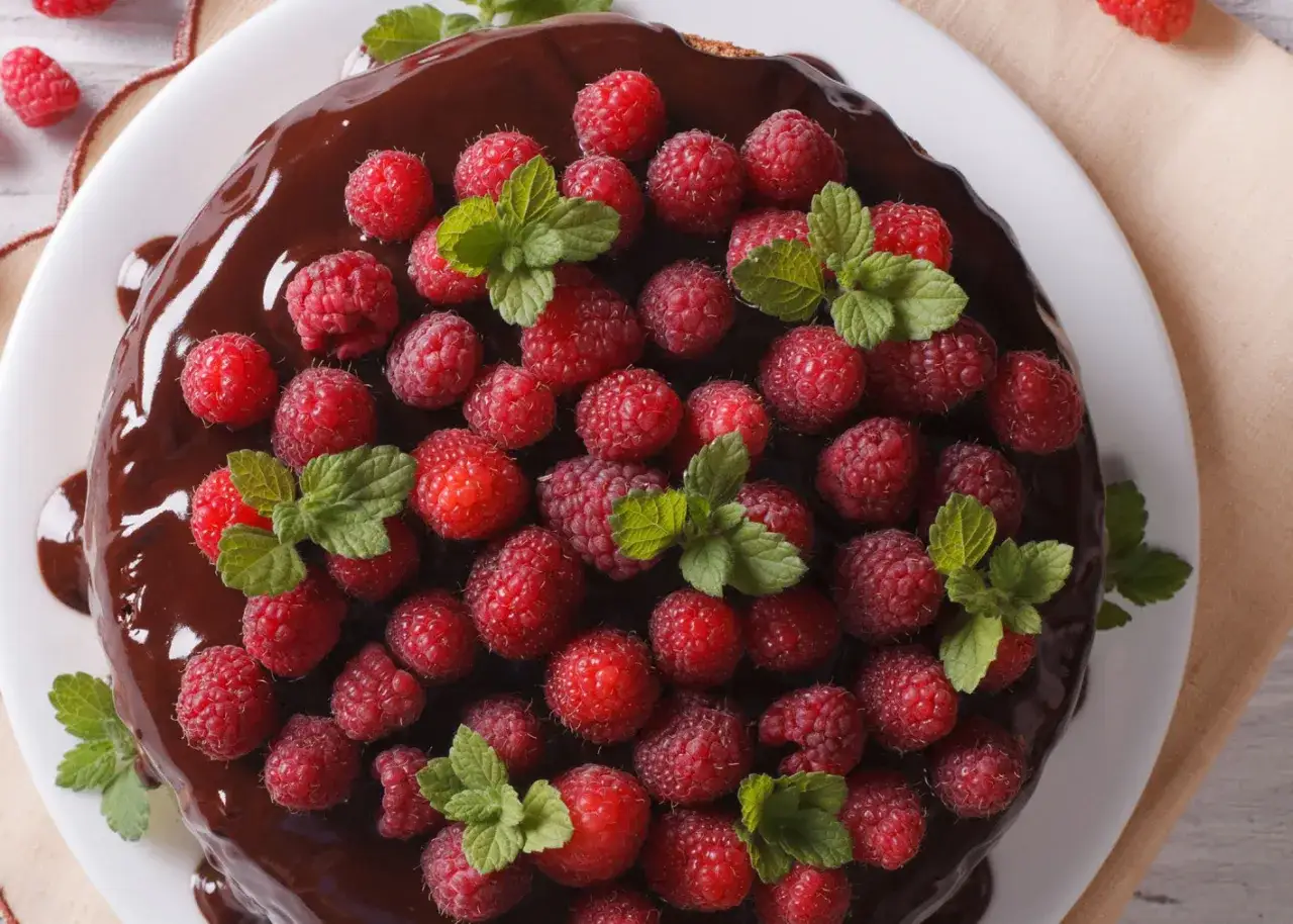 Un goloso gateau al cioccolato ricoperto di lamponi freschi e foglioline di menta, un vero piacere per gli occhi e per il palato.