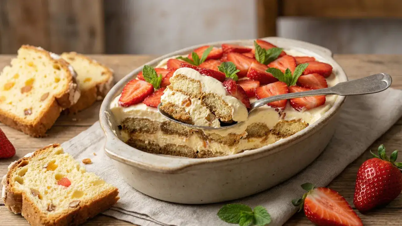 Un delizioso tiramisù con fragole e menta, accompagnato da fette di colomba pasquale.