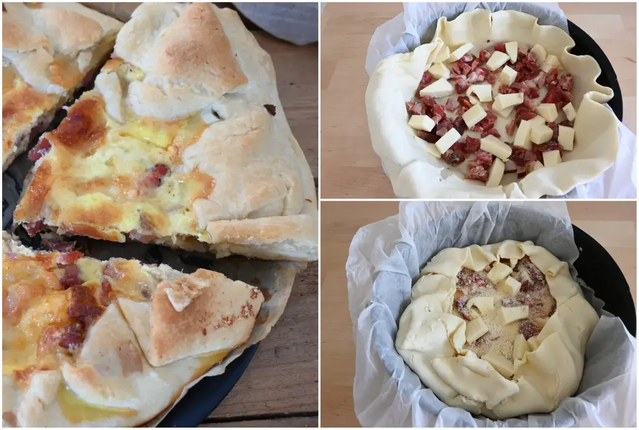 Tre immagini mostrano la preparazione e il risultato di una pasta sfoglia ripiena con formaggio e salumi, pronta per essere infornata e poi gustata.
