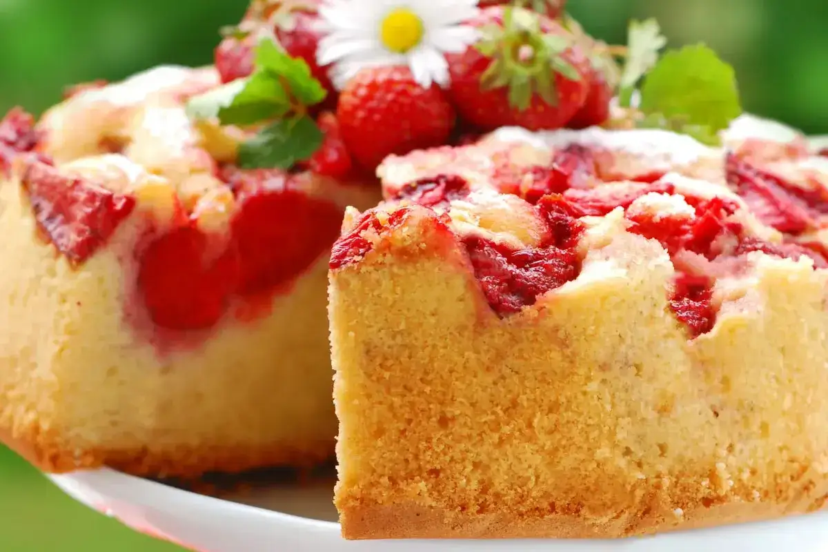 Torta fragole e mascarpone soffice e invitante, con fragole fresche e una spolverata di zucchero a velo.