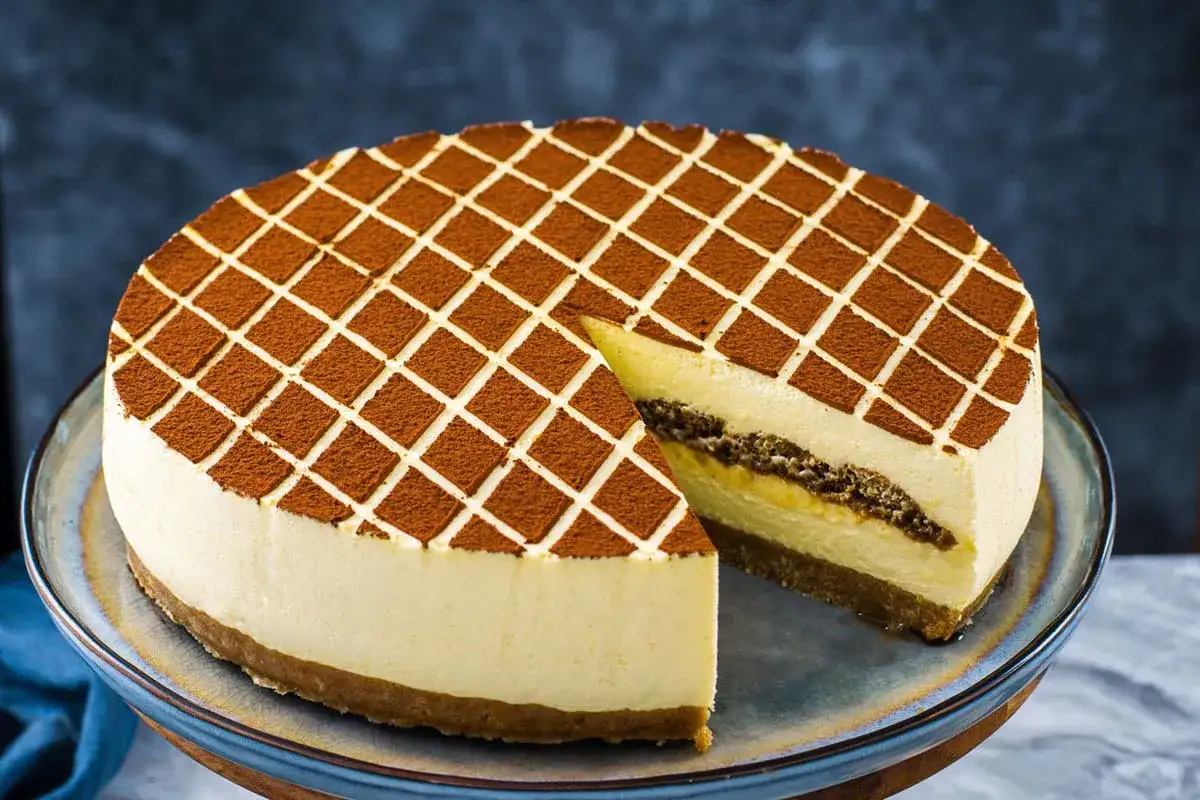 Cheesecake tiramisù con decorazione a rombi di cacao. Una fetta è stata tolta, rivelando gli strati cremosi e il biscotto.