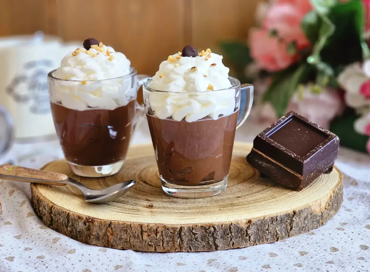 Due bicchierini di cremoso budino al cacao, guarniti con panna montata, nocciole e un chicco di caff&egrave;. Accanto, un pezzo di cioccolato fondente.