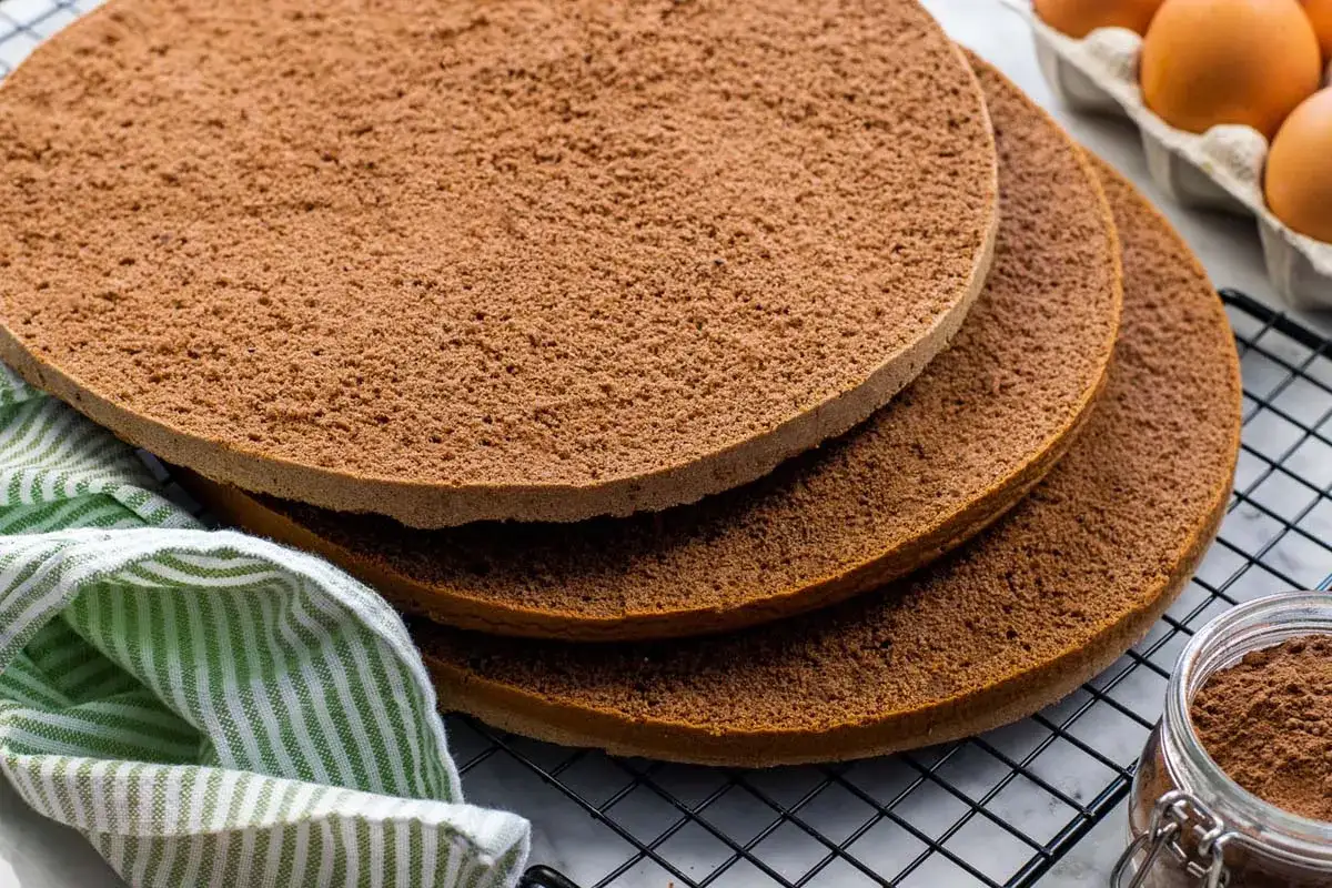 Tre dischi di soffice pan di spagna al cacao, pronti per essere farciti. Accanto, un barattolo di cacao in polvere e delle uova.