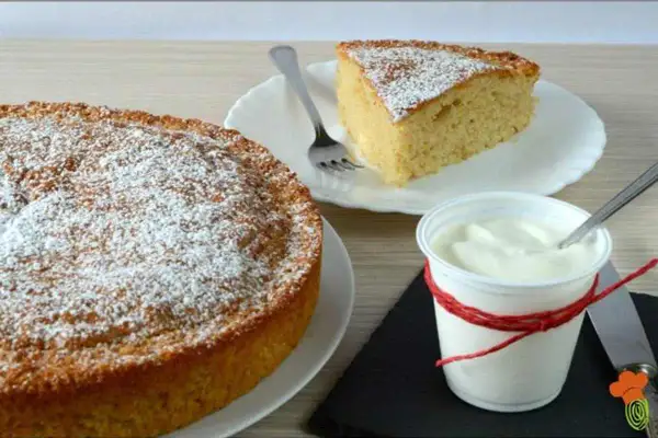 Torta yogurt vasetti soffice e profumata, spolverata di zucchero a velo, con una fetta servita accanto a una coppetta di yogurt.