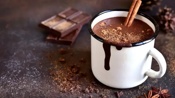 Una tazza di cioccolata calda fondente fumante, con stecca di cannella e cacao sparso. Pezzi di cioccolato fondente sullo sfondo.