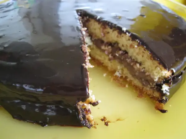 Torta Margherita con glassa al cioccolato lucida e ripieno goloso.