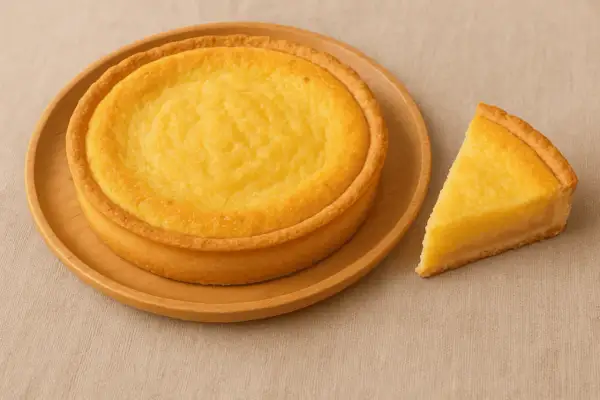 Torta intera e una fetta di torta con crema frangipane dorata su un piatto di legno.